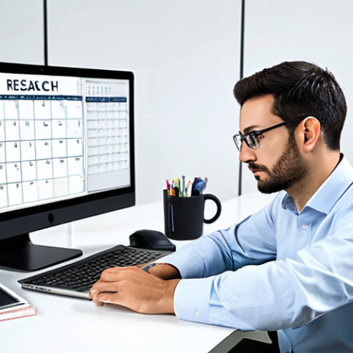 A focused professional entrepreneur, fully clothed in modest business casual attire, working diligently at a clean, modern desk. They are surrounded by a laptop displaying a content calendar or keyword research tool, and a notebook filled with ideas. A camera or microphone is subtly placed in the background, suggesting multimedia content creation. The office environment is bright and organized, conveying efficiency and strategic planning. safe for work, appropriate content, fully clothed, professional dress, perfect anatomy, correct proportions, natural pose, well-formed hands, proper finger count, natural body proportions, high-quality, professional photography.