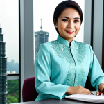 **

A professional Malaysian businesswoman in a modest baju kurung, sitting at a desk in a modern Kuala Lumpur office with the Petronas Towers visible in the background, fully clothed, appropriate attire, safe for work, perfect anatomy, natural proportions, professional photography, high quality.

**
