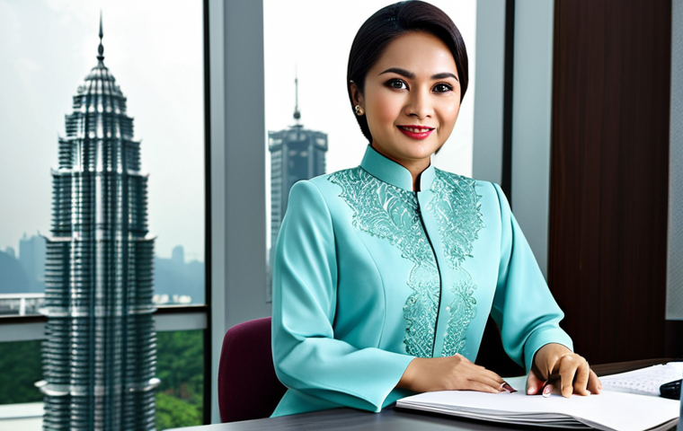 **

A professional Malaysian businesswoman in a modest baju kurung, sitting at a desk in a modern Kuala Lumpur office with the Petronas Towers visible in the background, fully clothed, appropriate attire, safe for work, perfect anatomy, natural proportions, professional photography, high quality.

**