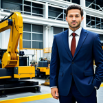 비즈니스 원가 절감을 위한 성과 관리 시스템 - "A confident engineer in a fully clothed, modest business suit, standing in a modern factory with co...