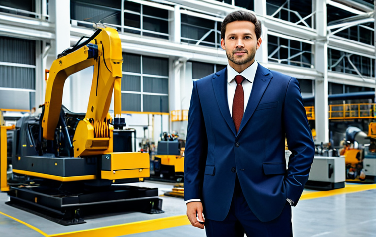 비즈니스 원가 절감을 위한 성과 관리 시스템 - "A confident engineer in a fully clothed, modest business suit, standing in a modern factory with co...